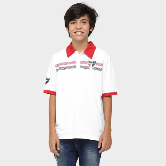 Camisa Polo São Paulo Patch na Frente Juvenil - Branco+Vermelho